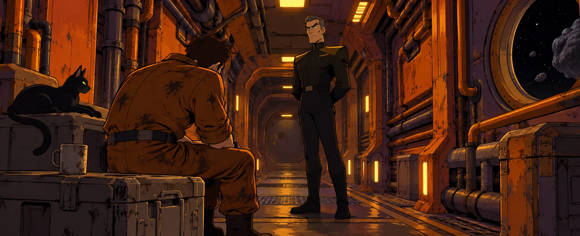 Cartoon illustration of a scruffy crewman slumped on a crate in a rusty orange spaceship corridor while a stiff officer in a dark uniform glares down at him, a black cat nearby.