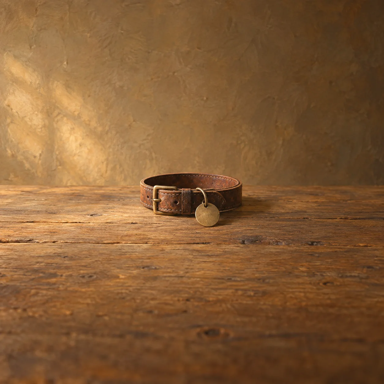 A brown leather dog collar with a blank round brass tag lies on sunlit wood.