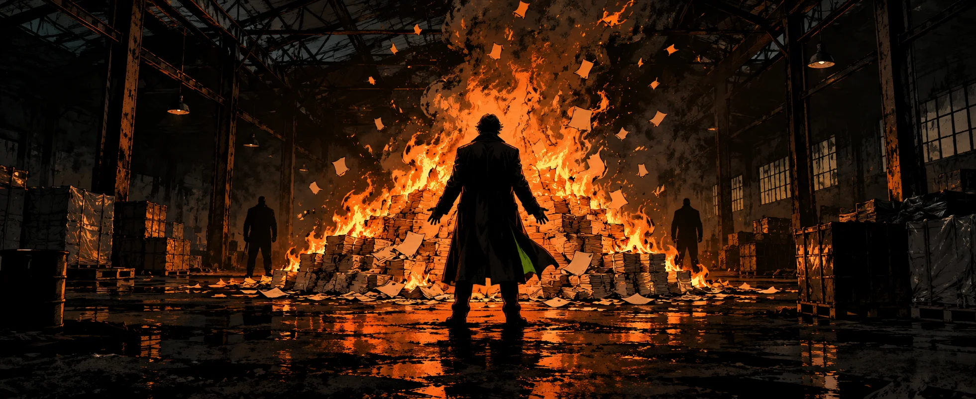 A man in a long coat stands before a burning mountain of banknotes inside a dark warehouse.