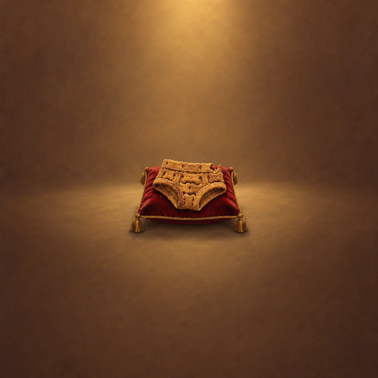 A pair of briefs made from golden dog-biscuit shapes rests on a red velvet cushion.