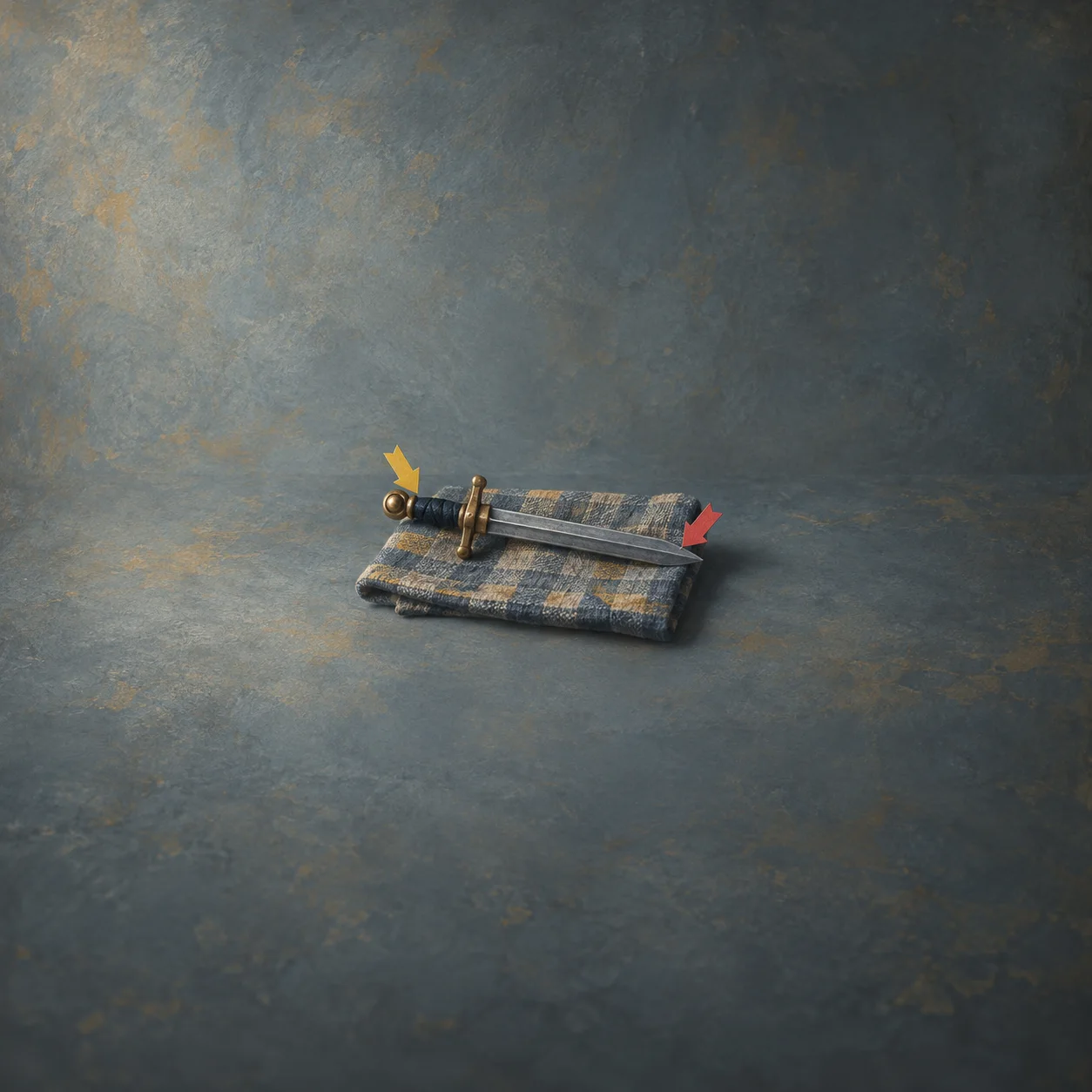 A small sword lies on checked cloth between a yellow arrow near the hilt and a red arrow near the tip.