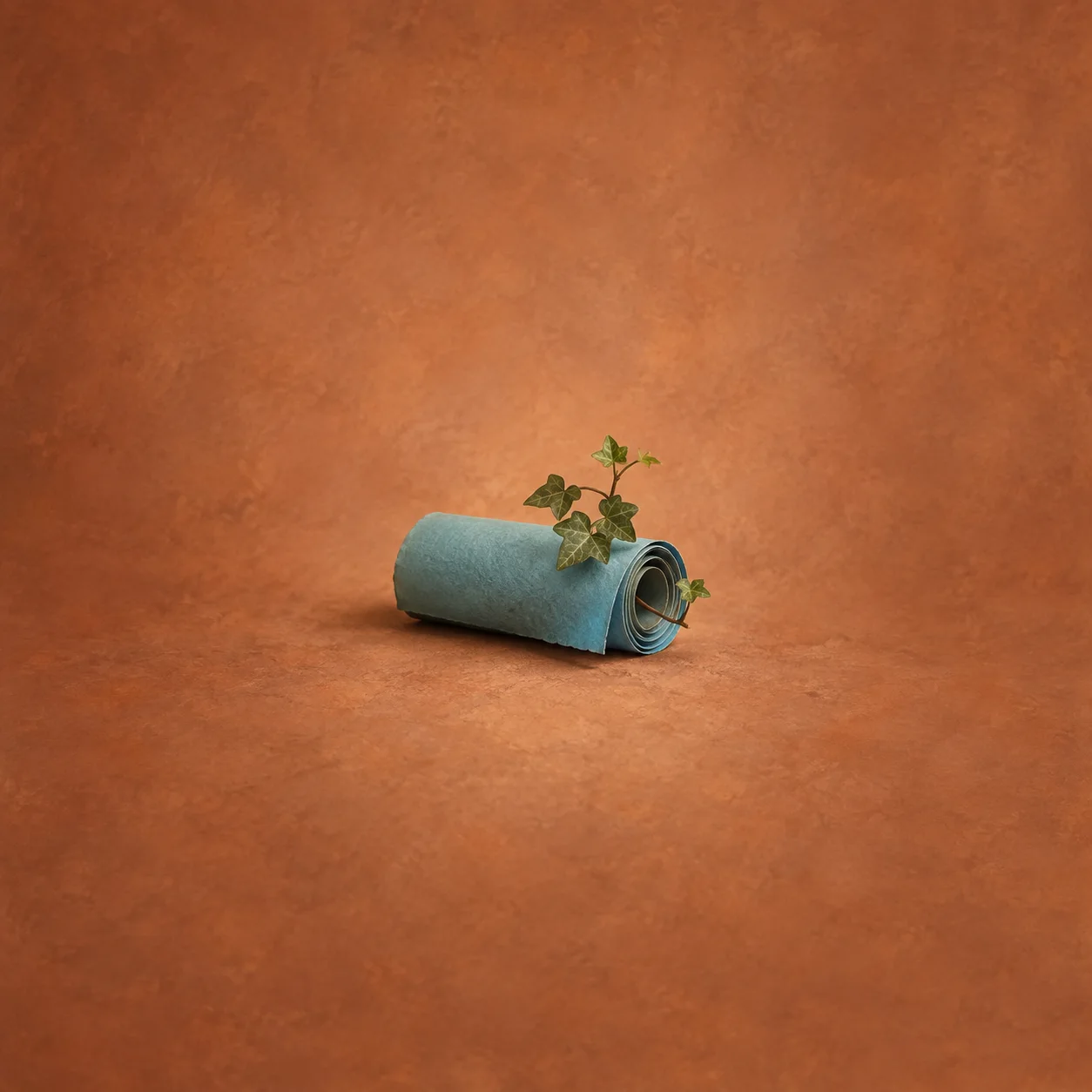Green ivy grows from a rolled blue sheet resting on rust-coloured ground.