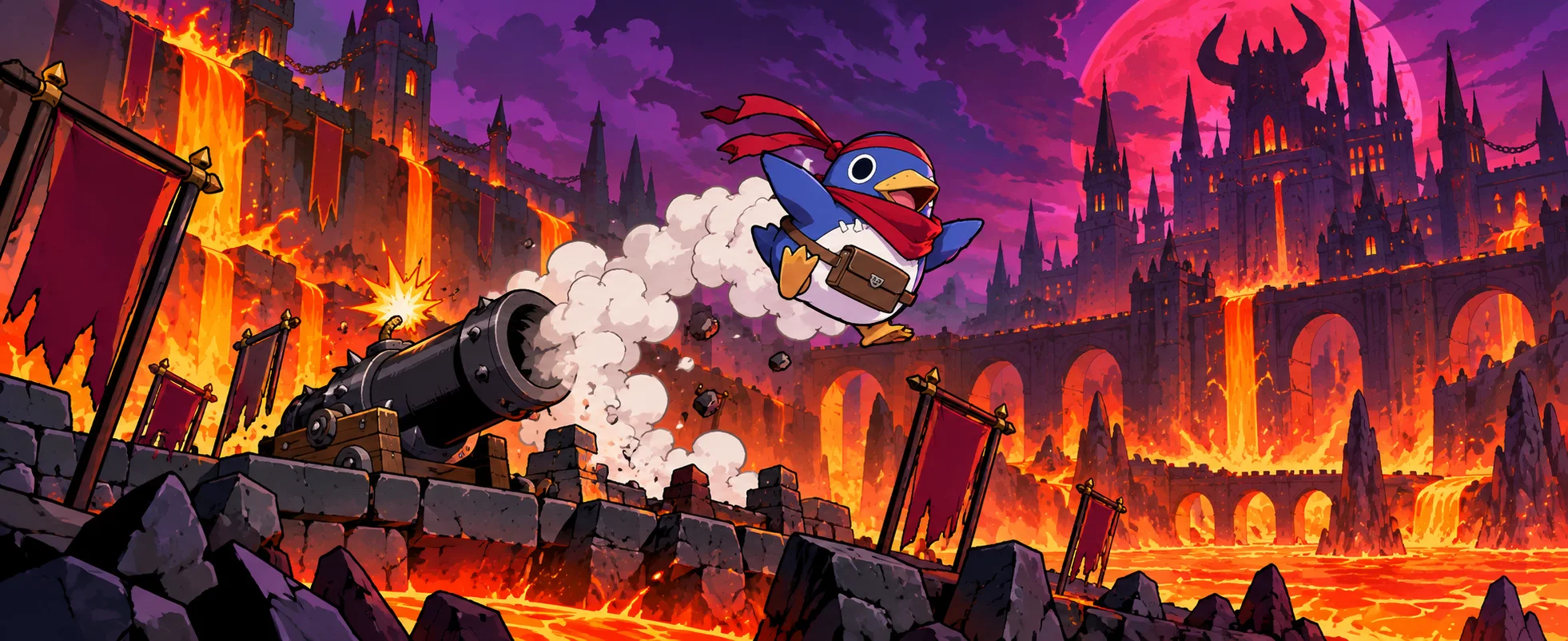 A small penguin-like demon servant in a pouch blasts out of a cannon over a lava-filled netherworld castle.