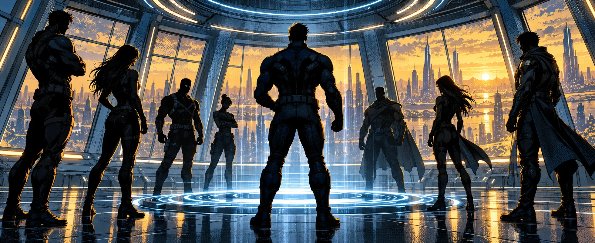 A team of silhouetted heroes stands in a circular room before tall windows and a sunset skyline.