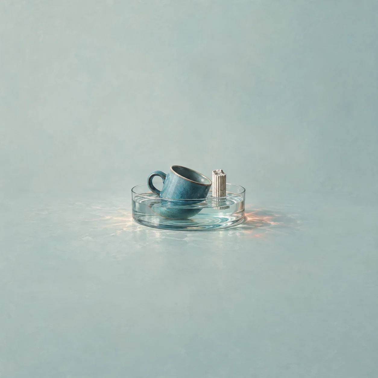 A tilted blue ceramic cup and a small white column partly submerged in a shallow glass dish of water.