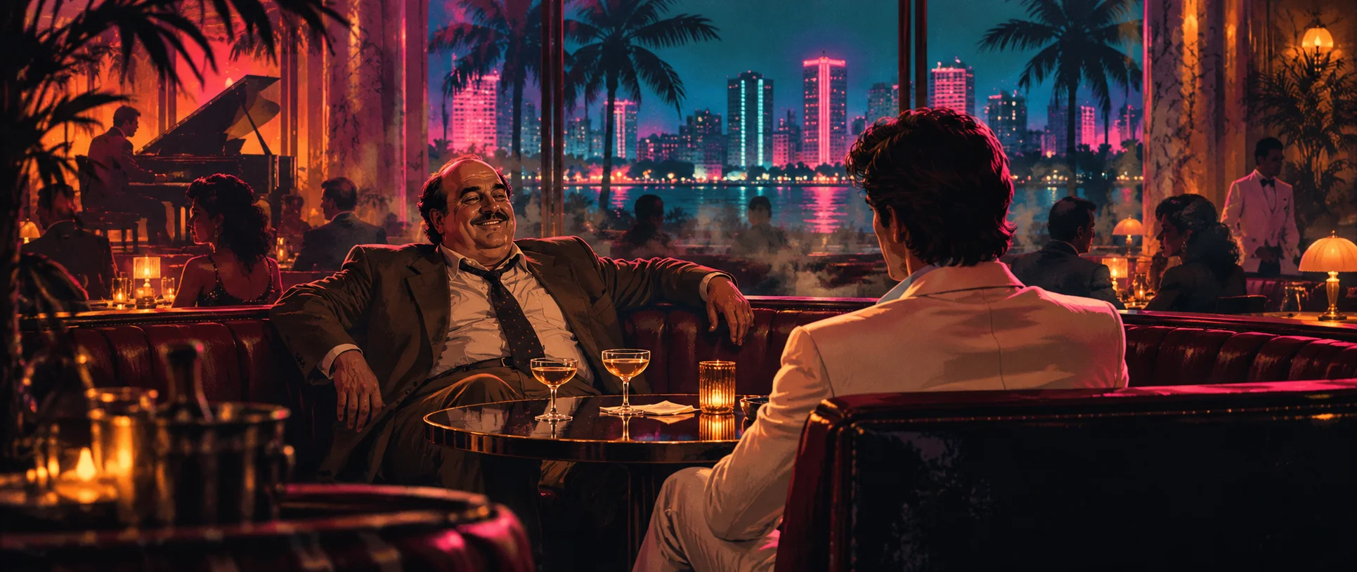 A heavyset detective in a rumpled brown suit lounges in a neon-lit Miami bar booth, smiling across cocktails at a man in a cream suit seen from behind.