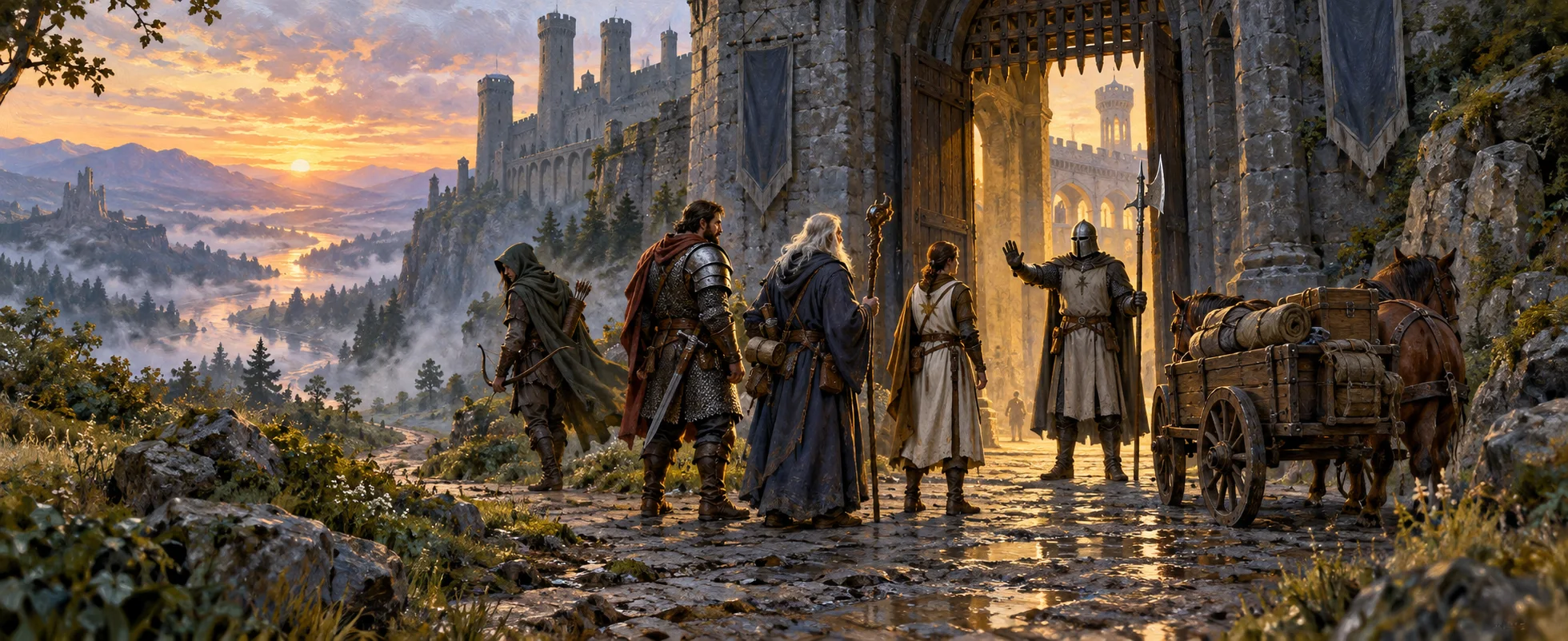 A party of adventurers, a fighter, a mage, a rogue and a cleric, gathers at the open gate of a grey fortress at dawn as a helmeted guard raises a hand, a misty valley road beyond.
