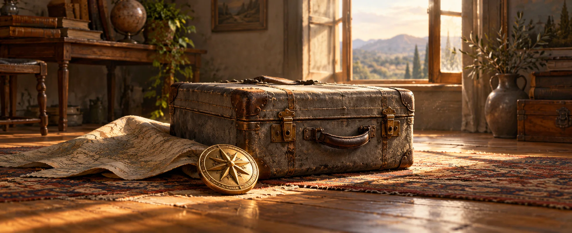 A polished brass badge lies beside a dusty grey suitcase in a small sunlit room.