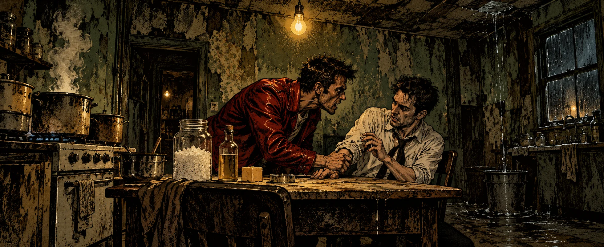 In the filthy kitchen of a leaking old house under a bare bulb, a man in a red leather jacket grips another man's hand on the table beside a jar of lye flakes and pots on the stove.