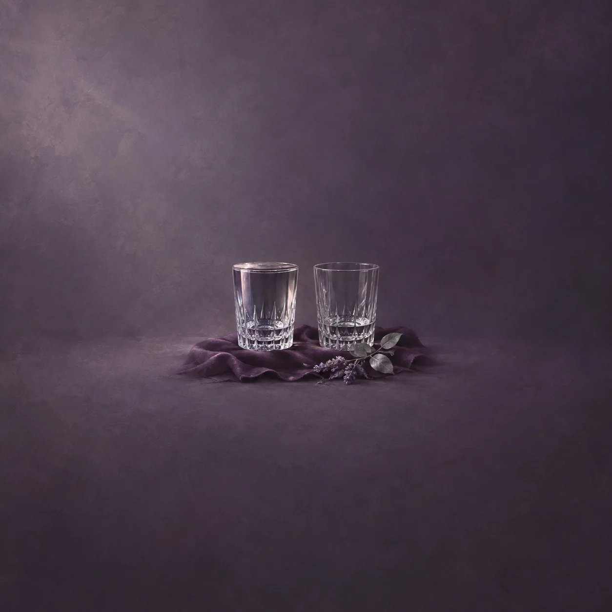 Two glass tumblers on folded purple cloth, one full of water and the other nearly empty, with leaves beside them.