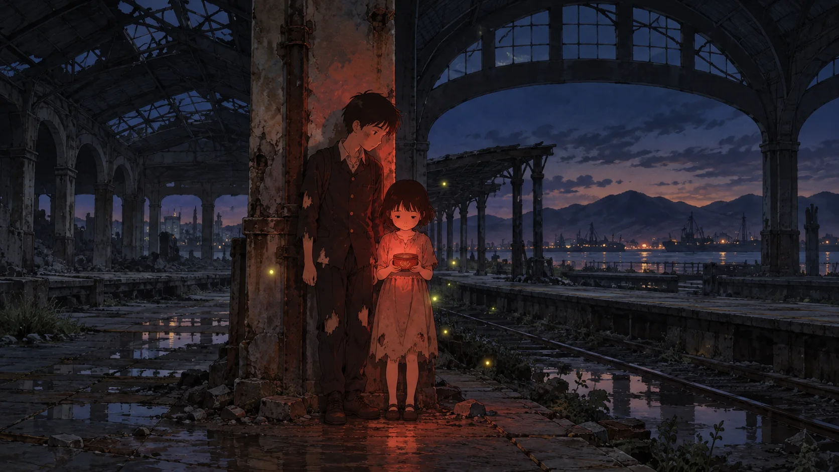 Anime illustration: a ragged teenage boy and a small girl in a torn dress shelter against a rusting pillar in a derelict railway station at dusk, the girl cupping a small tin that casts a red glow, with fireflies drifting around them.
