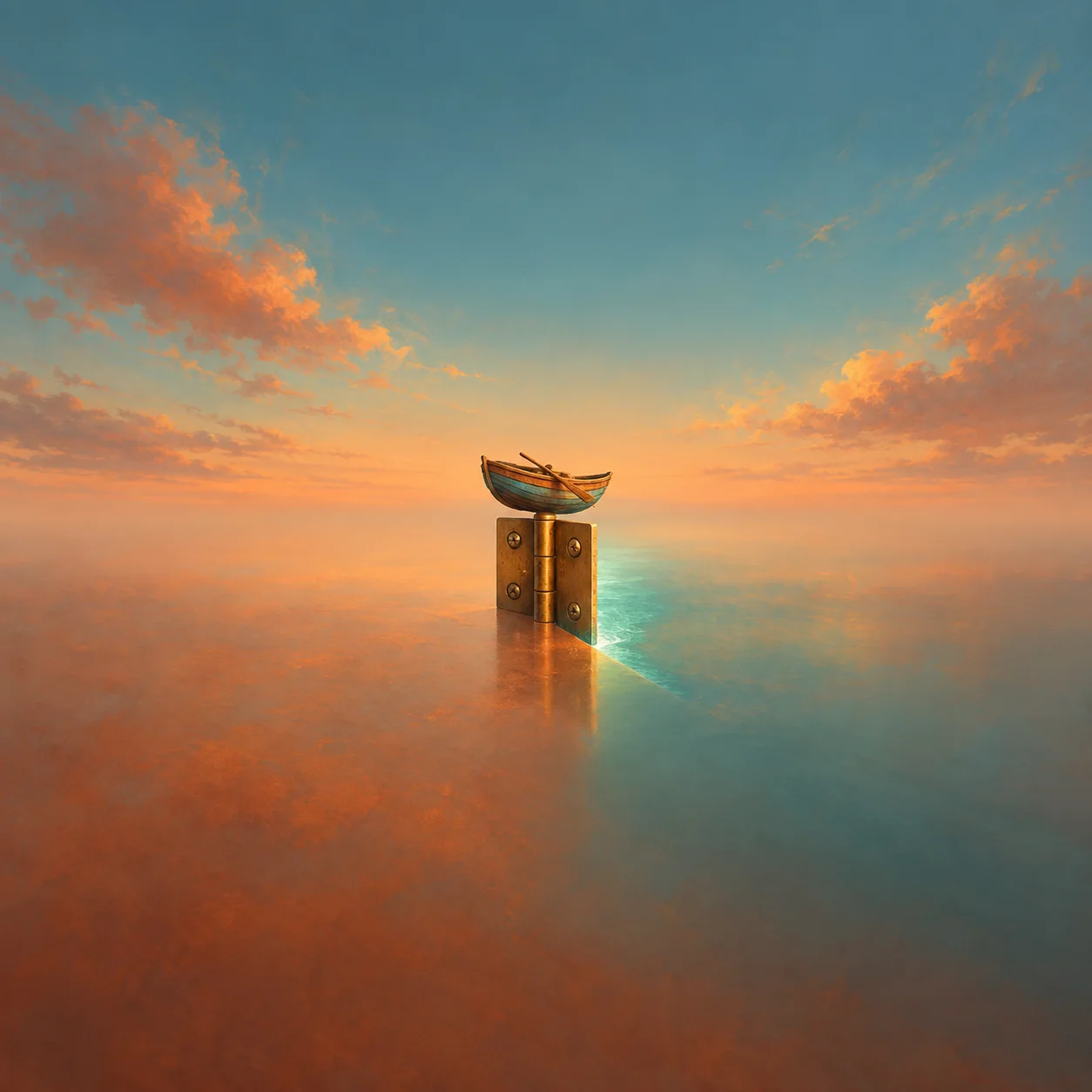 A tiny wooden rowboat balanced on a golden door hinge beside a narrow sea-green glow under an orange sky.