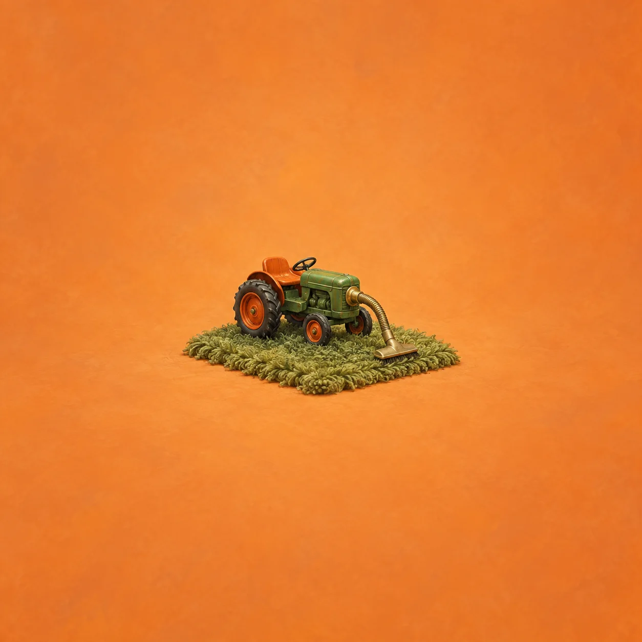 A small green toy tractor with a brass vacuum hose stands on a patch of green shaggy carpet.