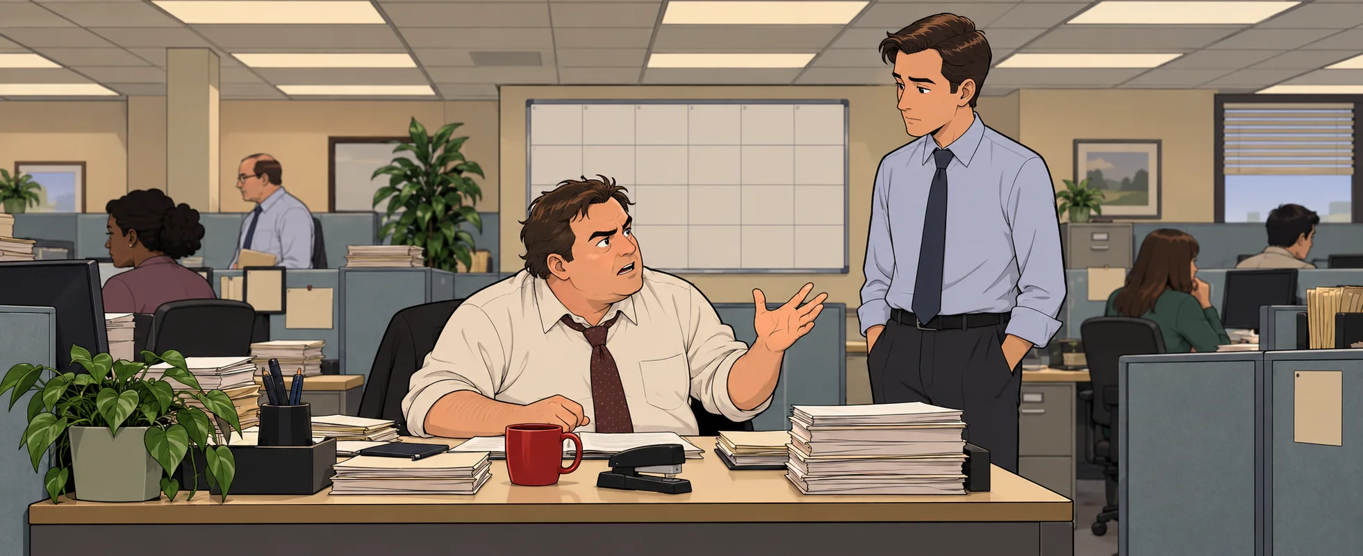 A heavyset office worker gestures at his desk as a colleague in a tie stands by in an open-plan office.