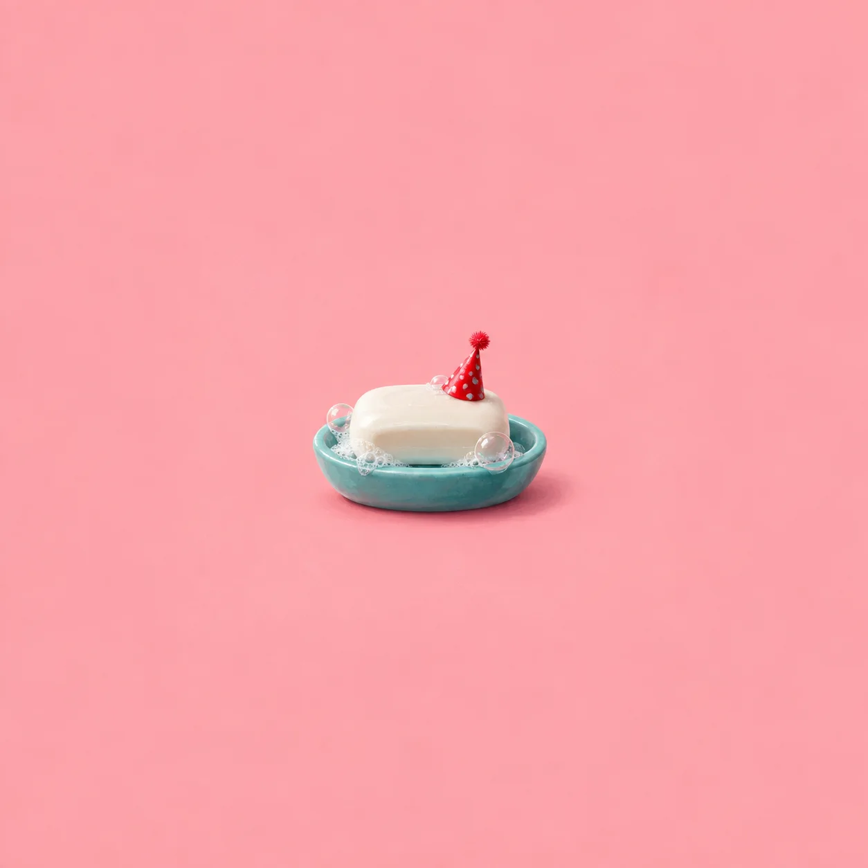 A white soap bar wearing a small red party hat in a turquoise dish with bubbles on a pink background.