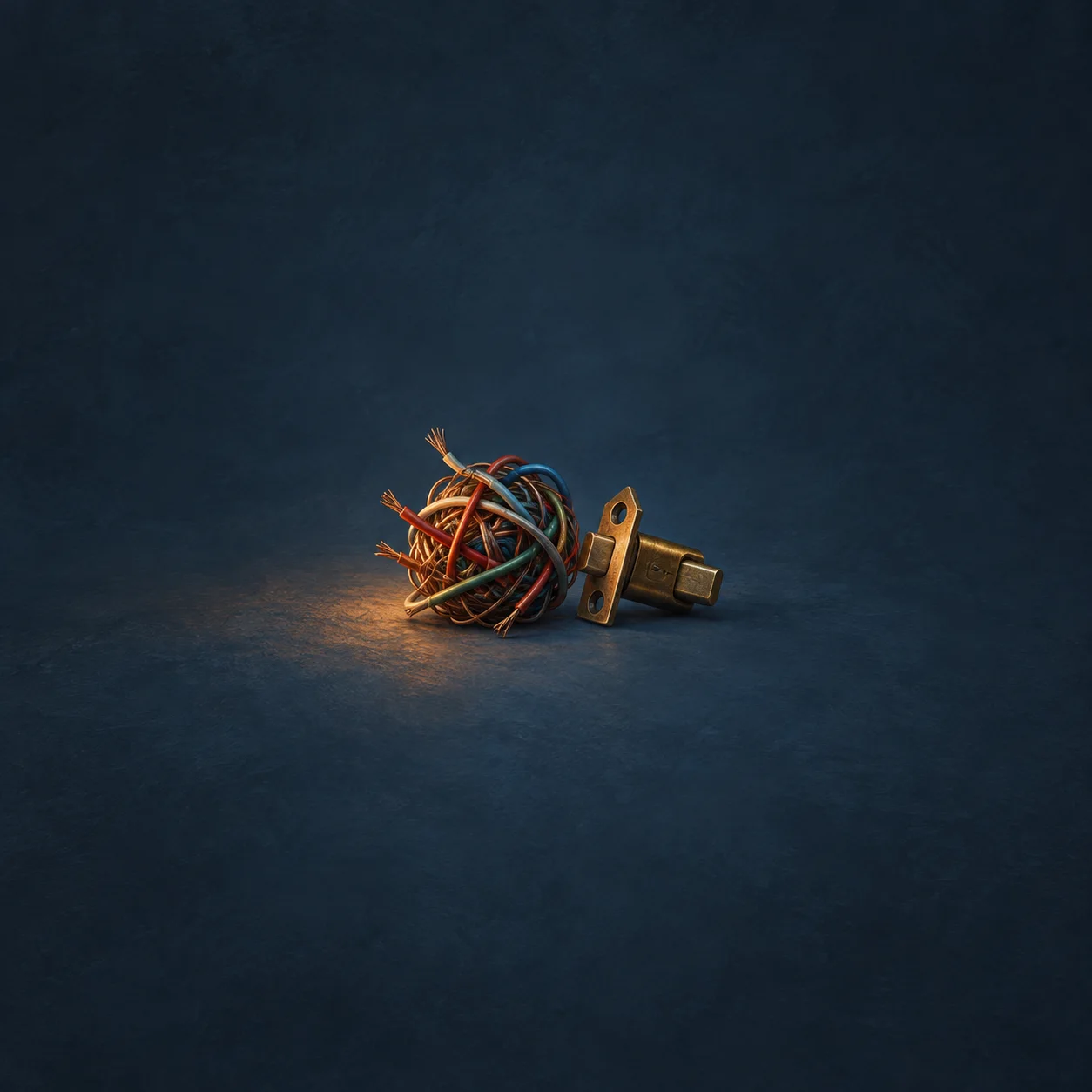 A tangle of copper wire and cables next to a brass latch on a blue-grey surface.