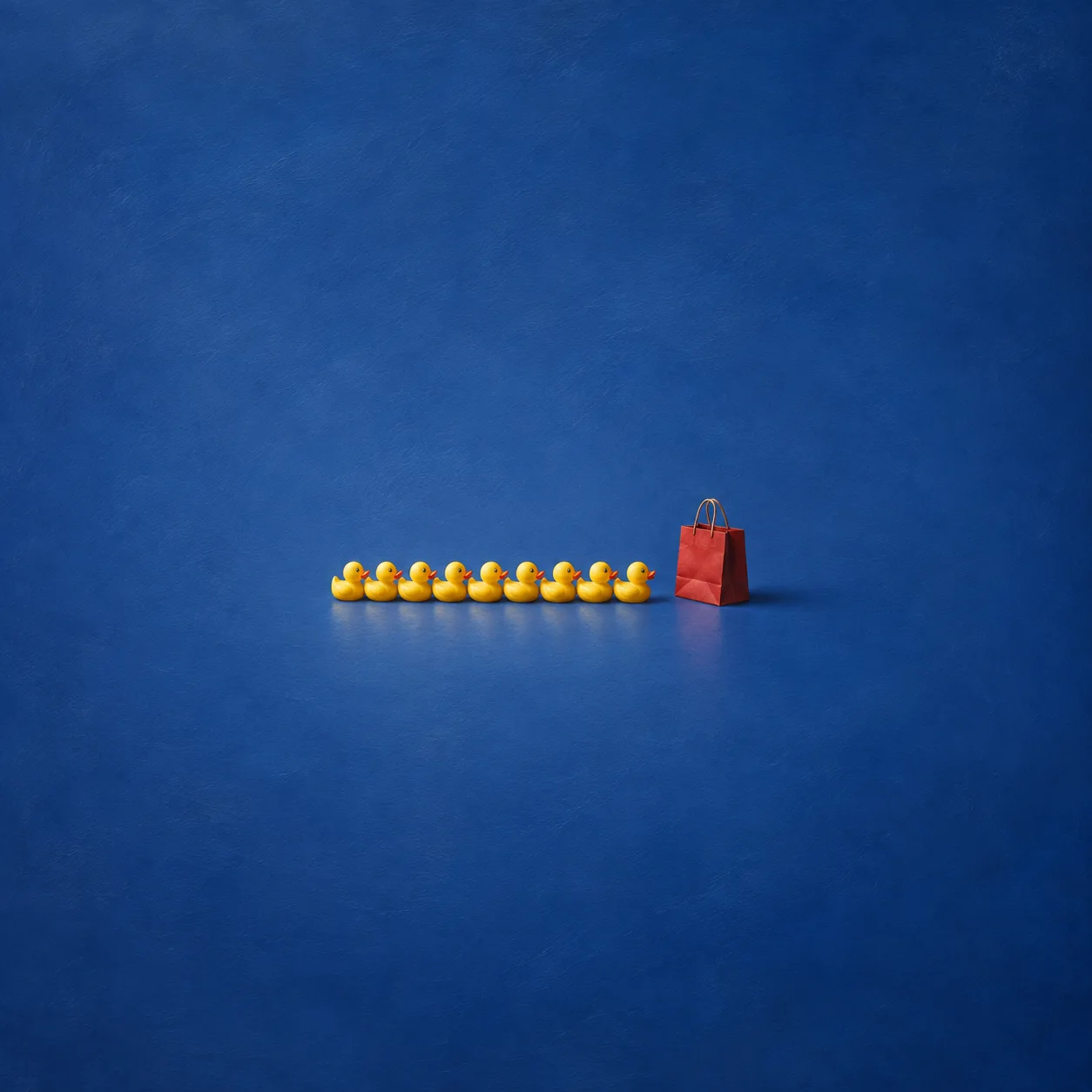 A row of small yellow rubber ducks stands beside a red shopping bag against cobalt blue.