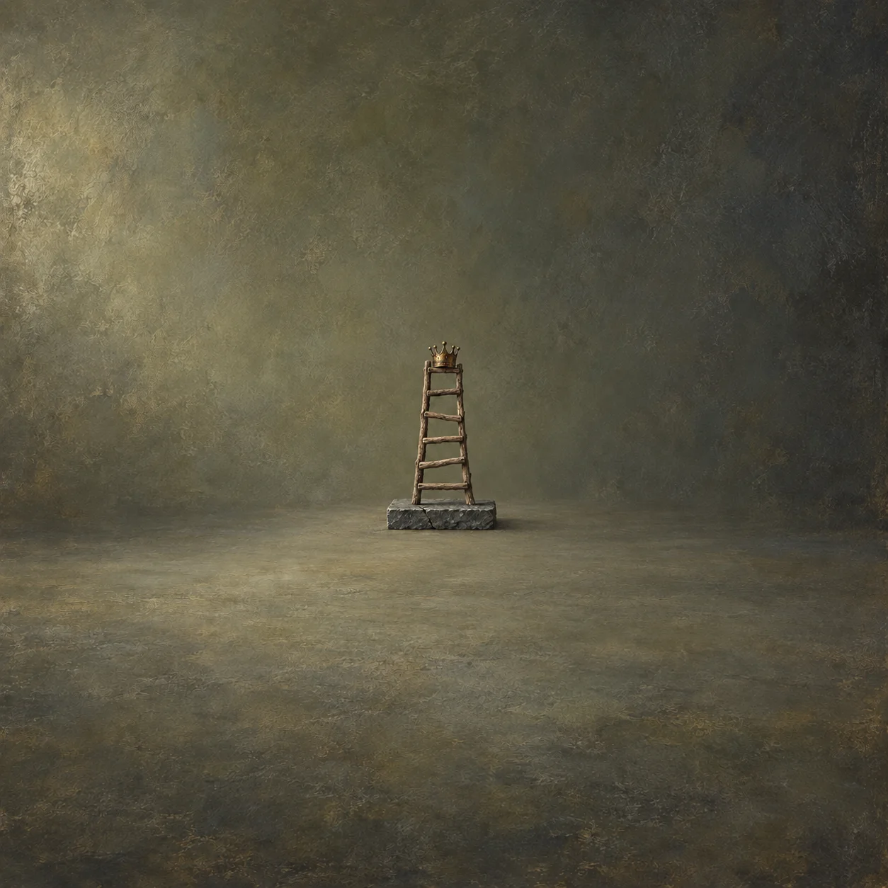 A small uneven wooden ladder rises from a cracked slate plinth, with a tarnished brass crown resting at the top against olive and slate-grey textured ground.