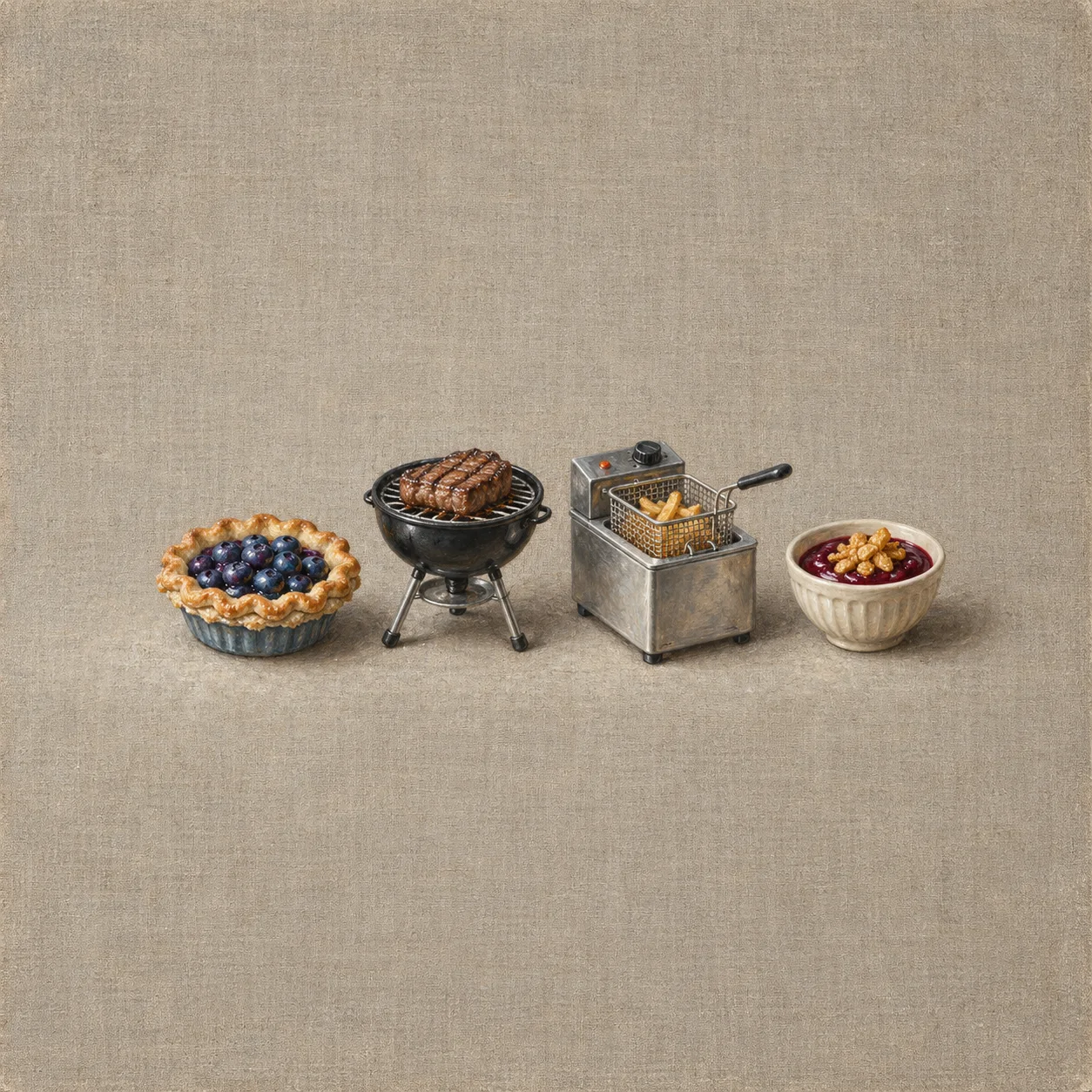 A blueberry tart, miniature grill with steak, tin fryer and bowl of cereal on burgundy theatrical syrup form a small row.