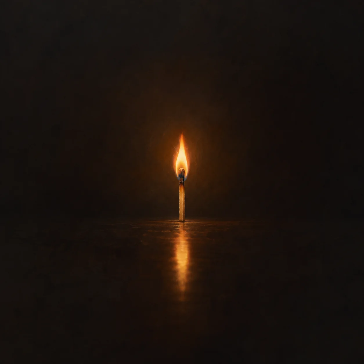 A single upright match burns against a dark background, its flame reflected on a glossy surface.