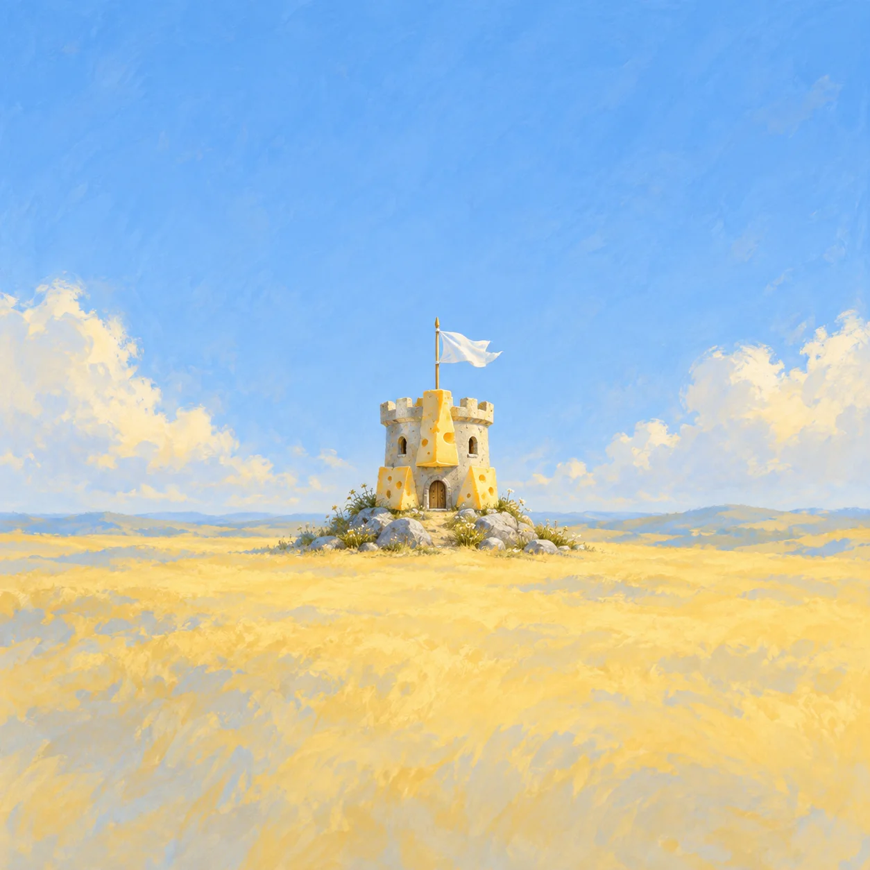A small yellow cheese castle stands among stones beneath a white flag against a blue sky.