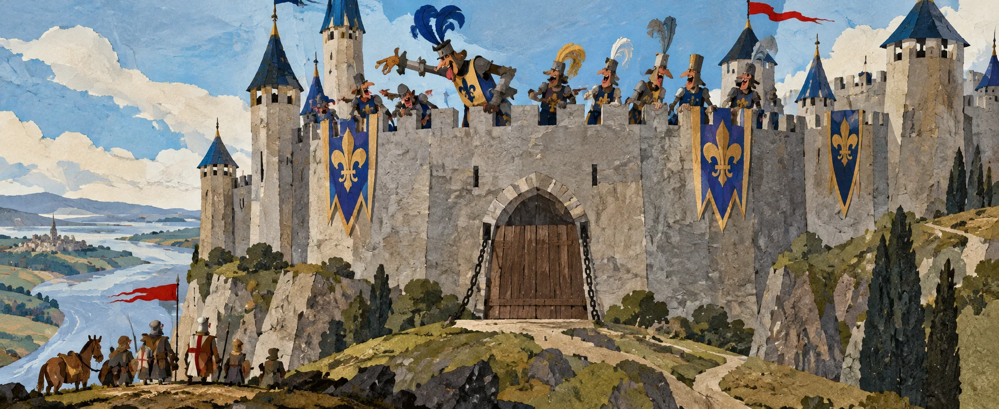 Jeering French soldiers with plumed helmets line the battlements of a white castle as a small English party stands below.