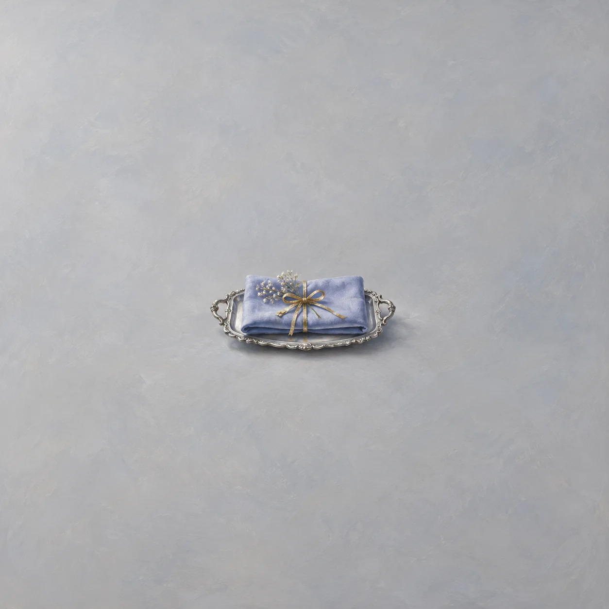 A small silver tray holding a folded blue napkin tied with a gold ribbon on a dove-gray background.