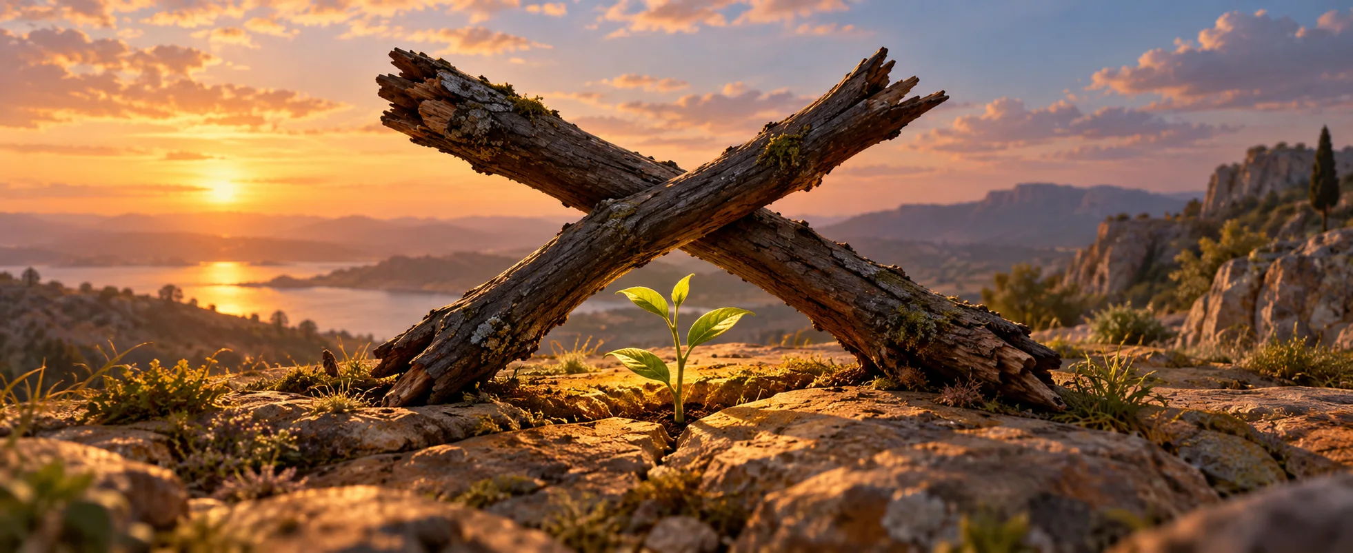 Two crossed dark wooden branches rest above a small green shoot on sunlit ochre stone.