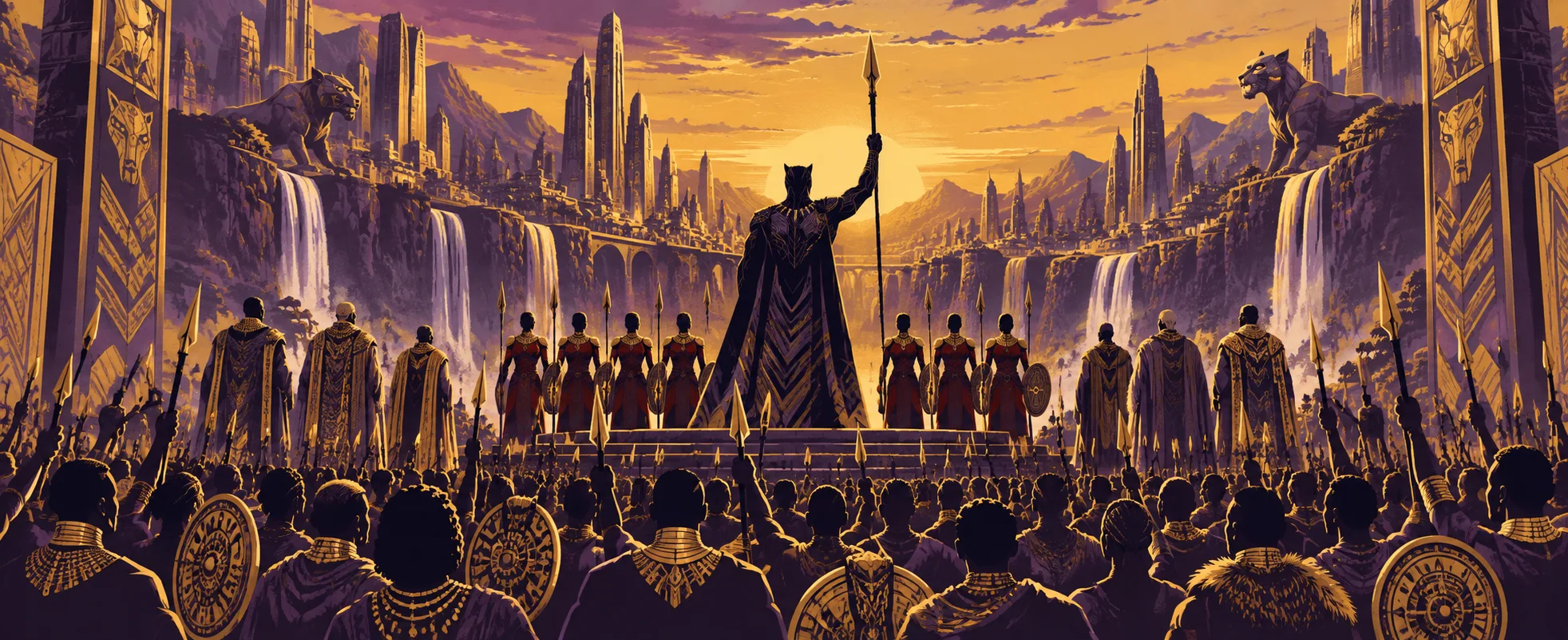 A king in a panther suit raises a spear before a crowd of warriors, elders and spears on a waterfall cliff in a golden futuristic African city.