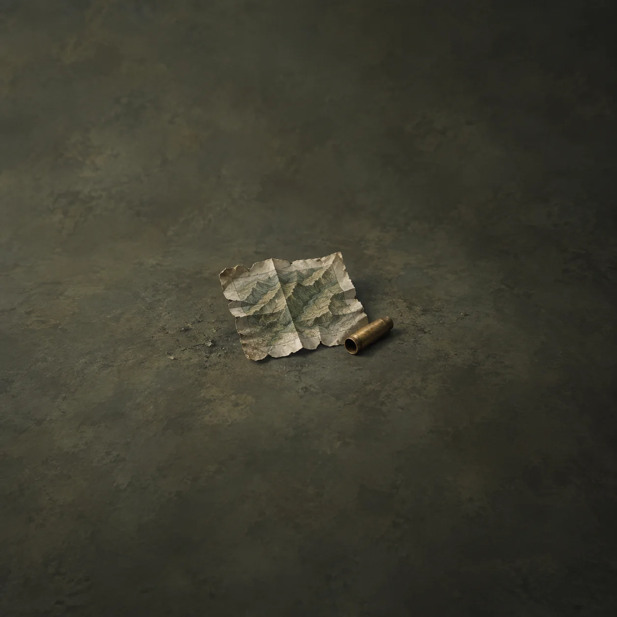 Painterly torn folded paper with green terrain contours beside a spent brass casing on charcoal.
