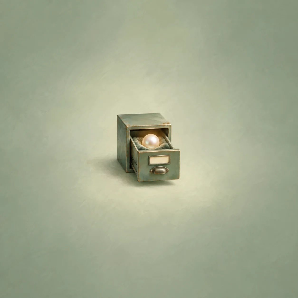 A small metal filing drawer stands open with a single glowing pearl inside.