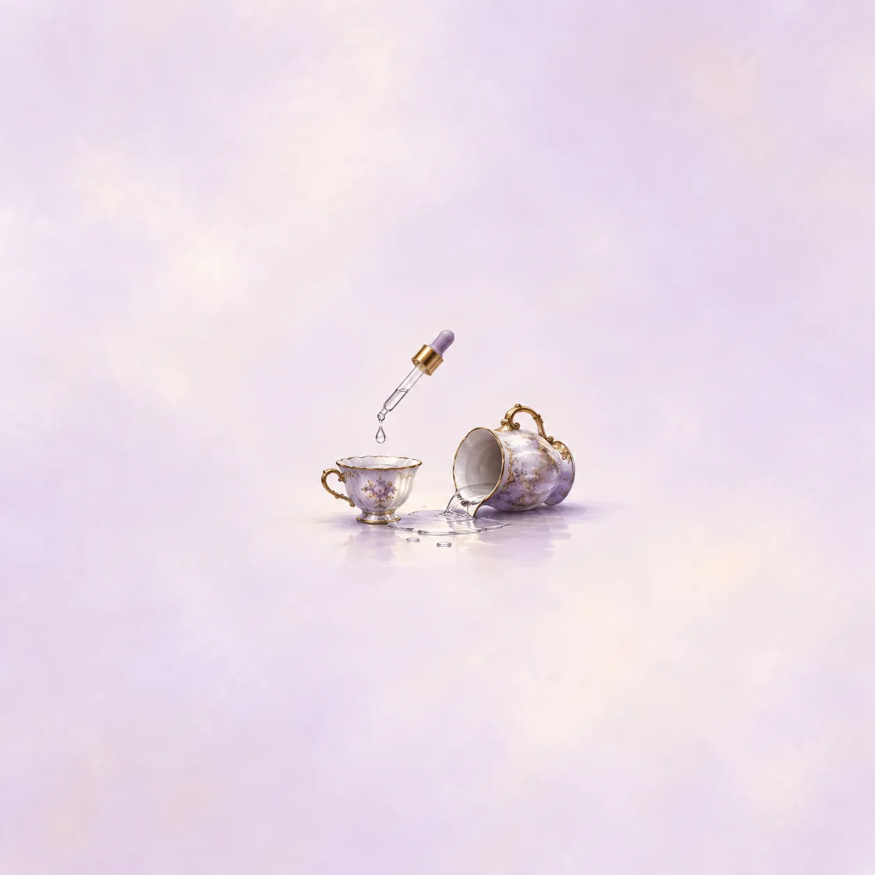 A glass dropper hangs above a small floral teacup beside a tipped pitcher and scattered droplets.