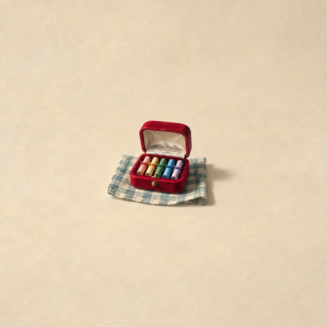 An open red velvet ring box holding five small colorful scrolls on a teal and cream checkered cloth.