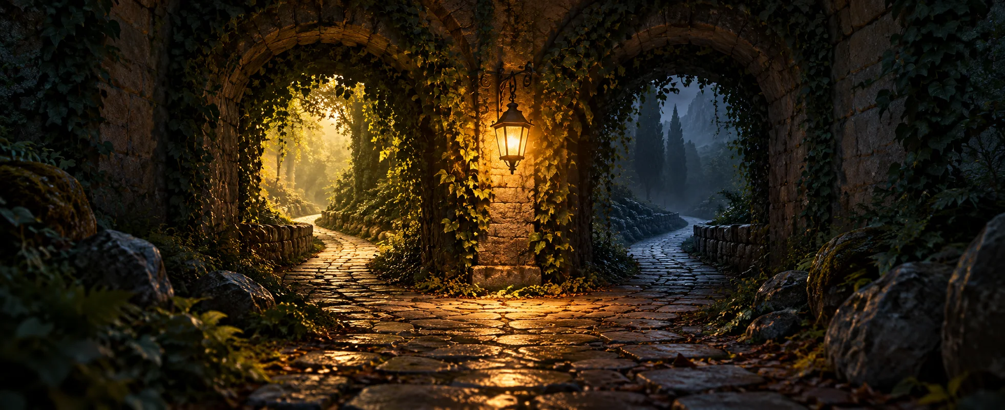 A single amber lamp illuminates a branching path in a dark ivy-covered tunnel.