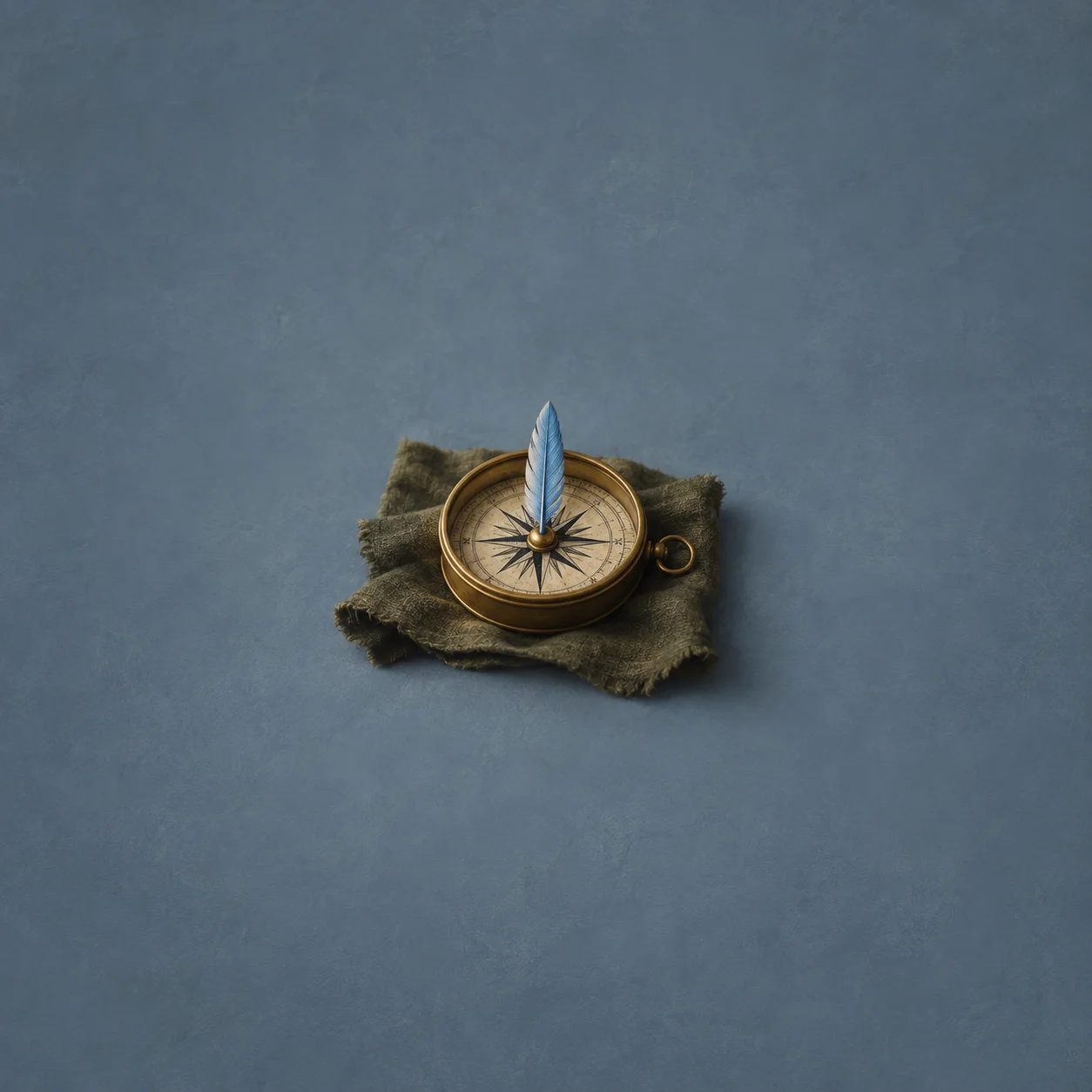A brass compass with a bright feather in place of the needle, pointing upward on olive linen.