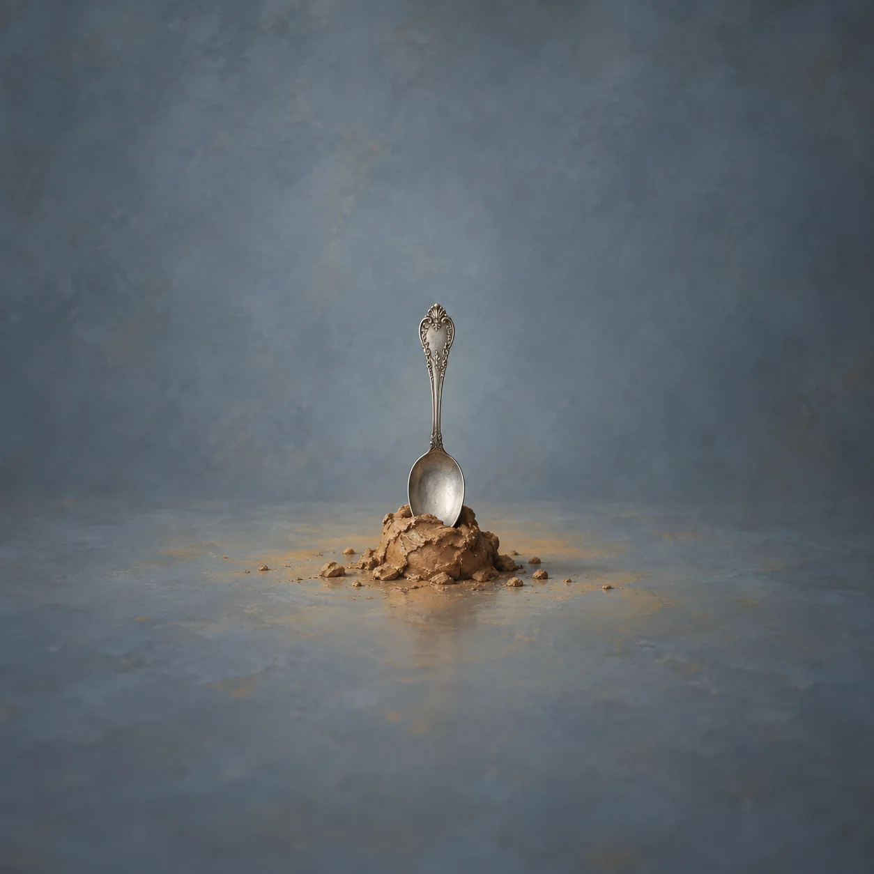 An ornate silver spoon stands upright in a mound of pale clay on a slate-blue surface.