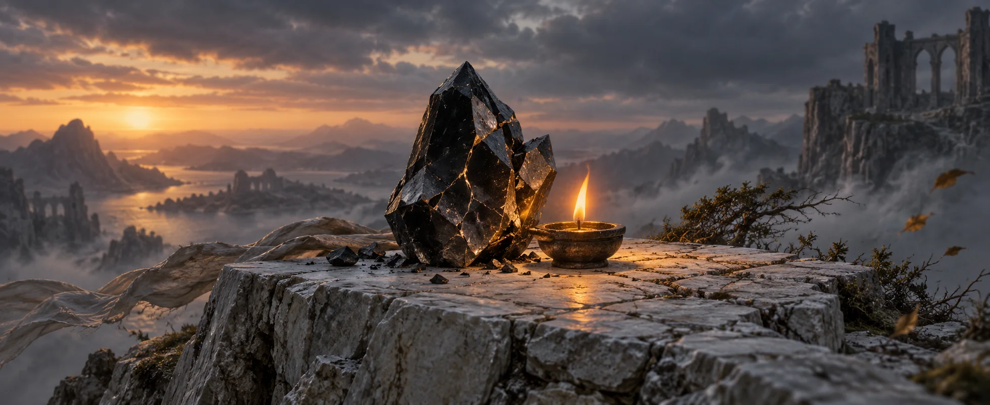 A cracked black crystal rests beside a small steady orange flame on a windswept pale stone platform.
