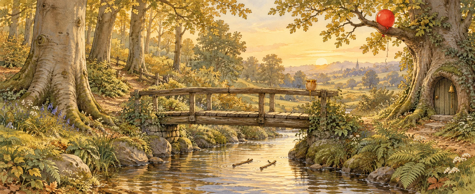 A little wooden footbridge crosses a stream in a sunlit English wood, a honey pot on the rail and a red balloon caught in a branch.
