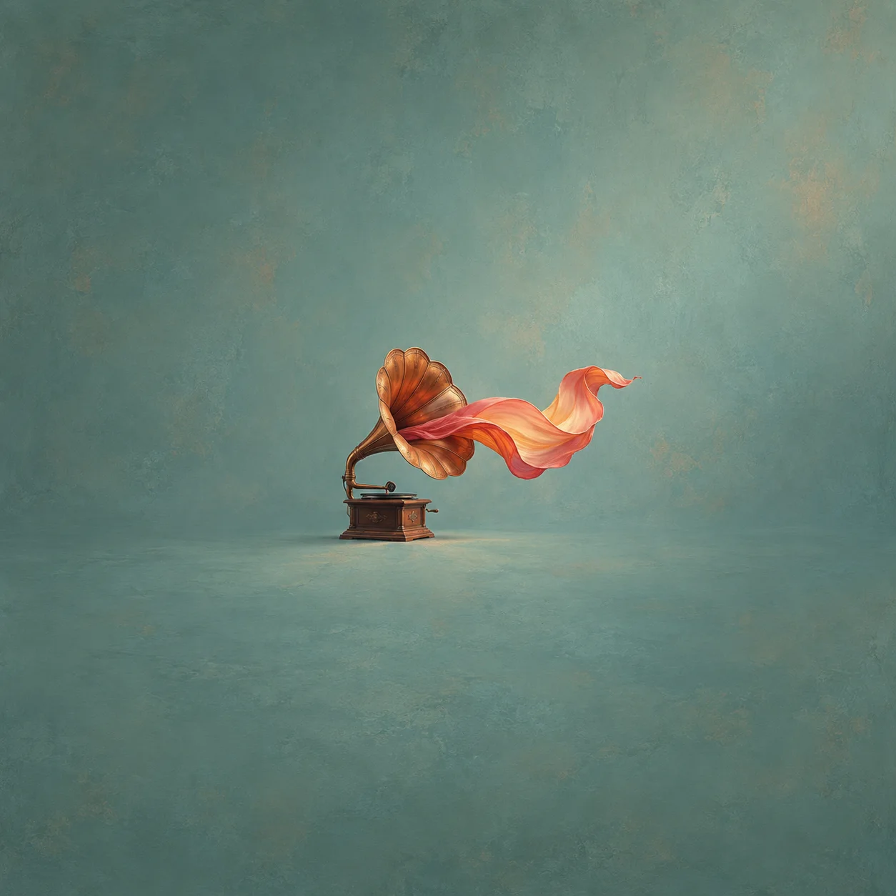 A copper gramophone with a coral ribbon flowing from its horn against a soft teal background.