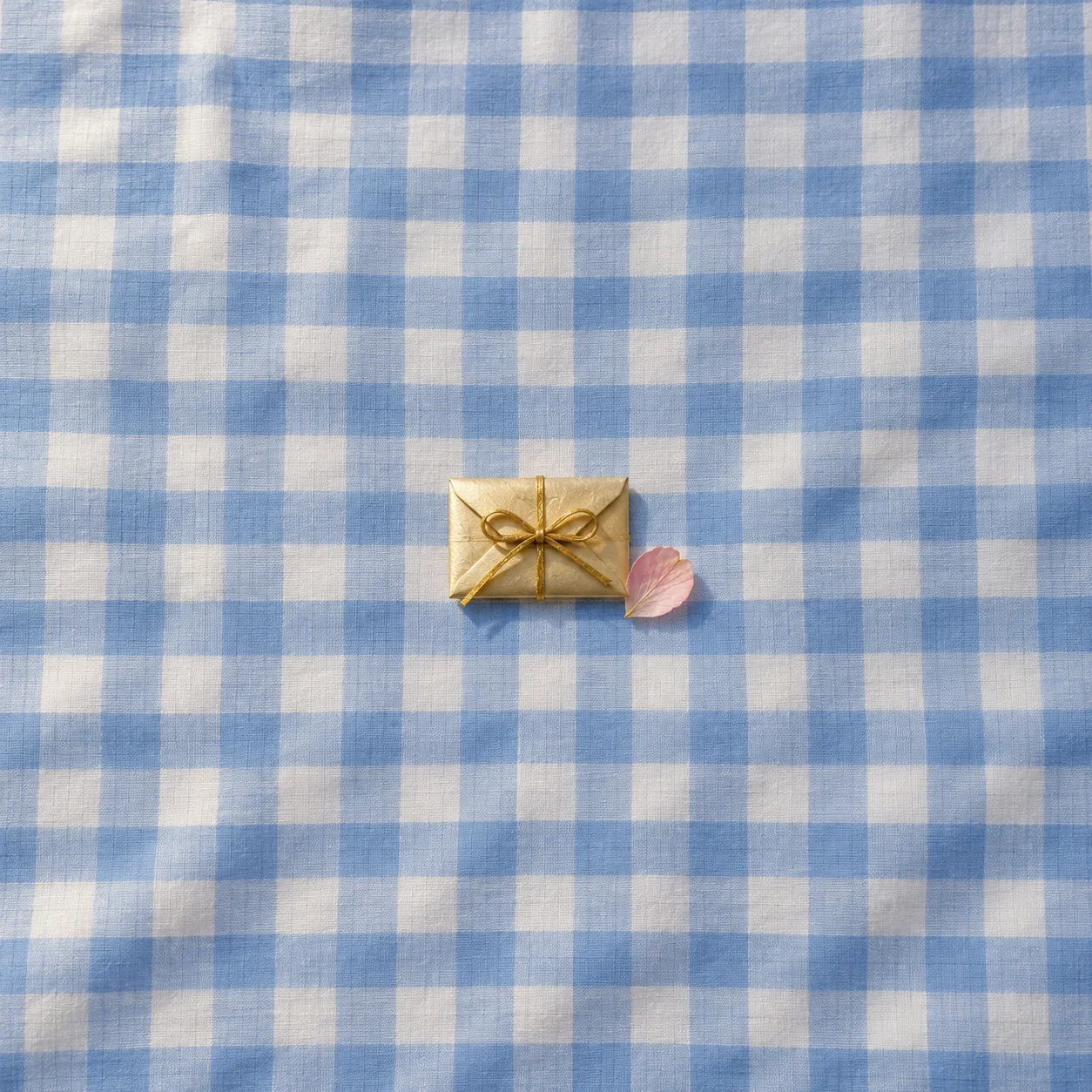A small envelope tied with a gold ribbon beside a pink petal on blue-and-white gingham cloth.