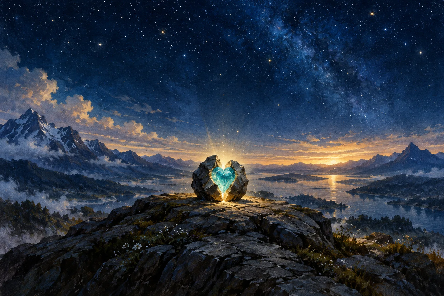 A dark stone opens around a glowing turquoise crystalline heart beneath a star-filled mountain sky.