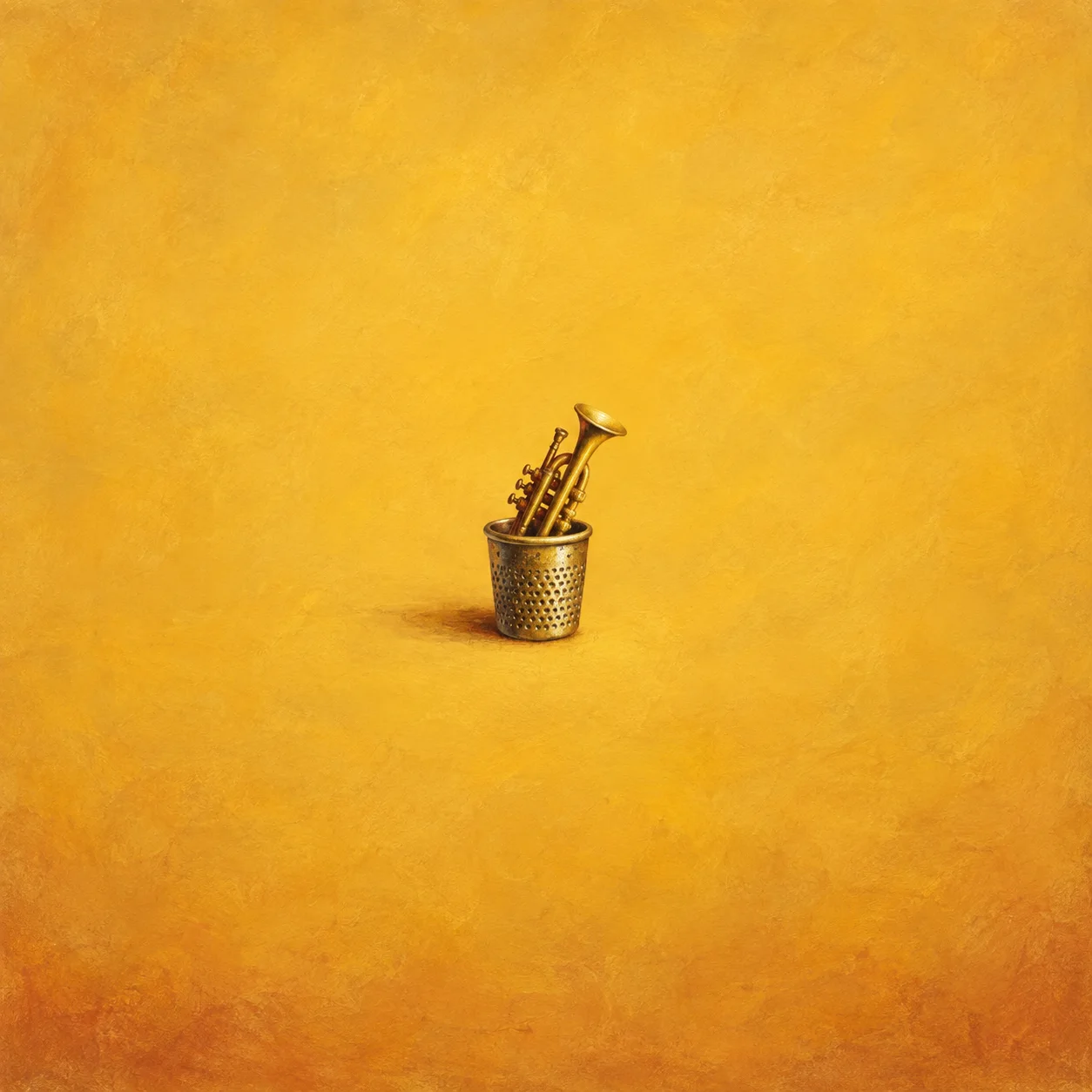 A small tin trumpet sitting inside a brass cup on a yellow and dark red background.