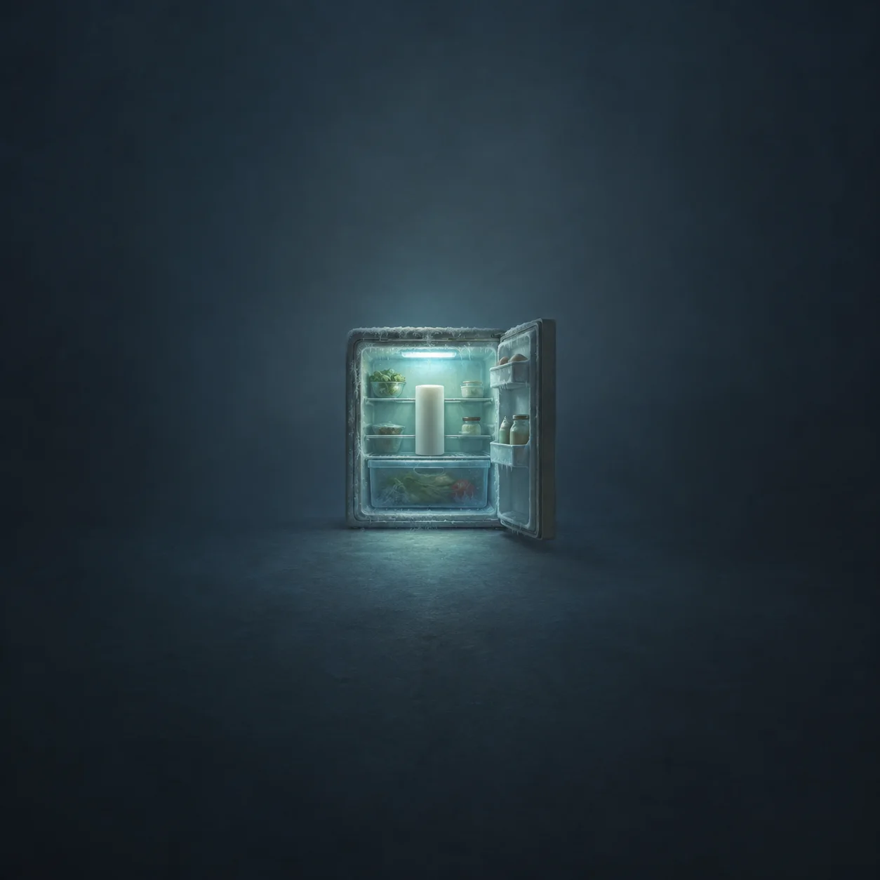 An open, frosted refrigerator holds a tall white cylinder among small containers in cold blue-green light.