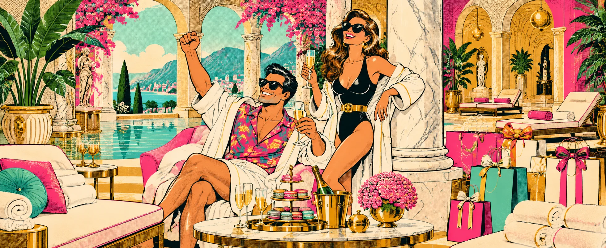 A man in a loud shirt and sunglasses and a woman in a swimsuit and robe toast with champagne in a lavish pink-and-gold spa surrounded by shopping bags.