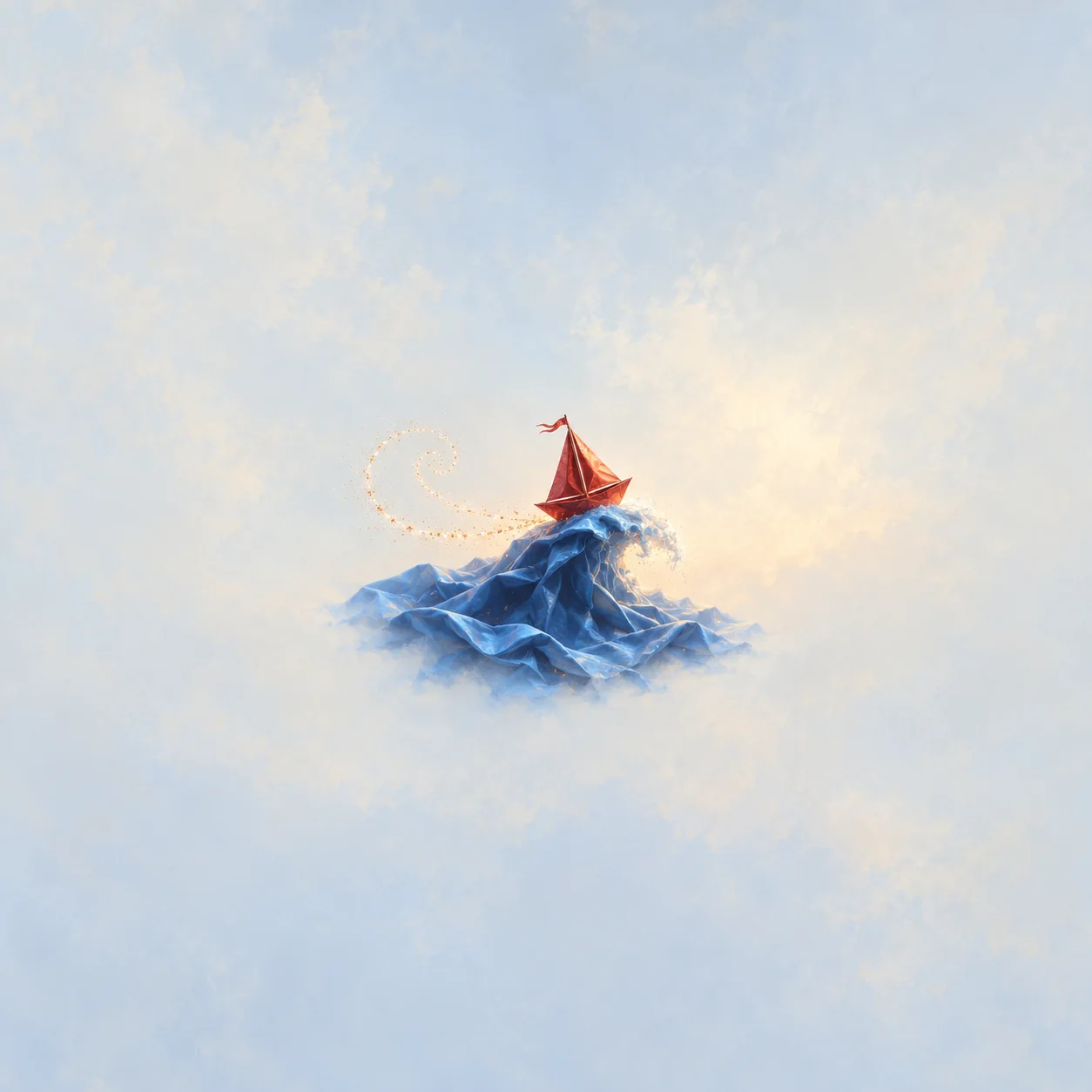 A small red sailboat riding a wave of blue fabric beneath a pale sky and a curling trail of golden dots.
