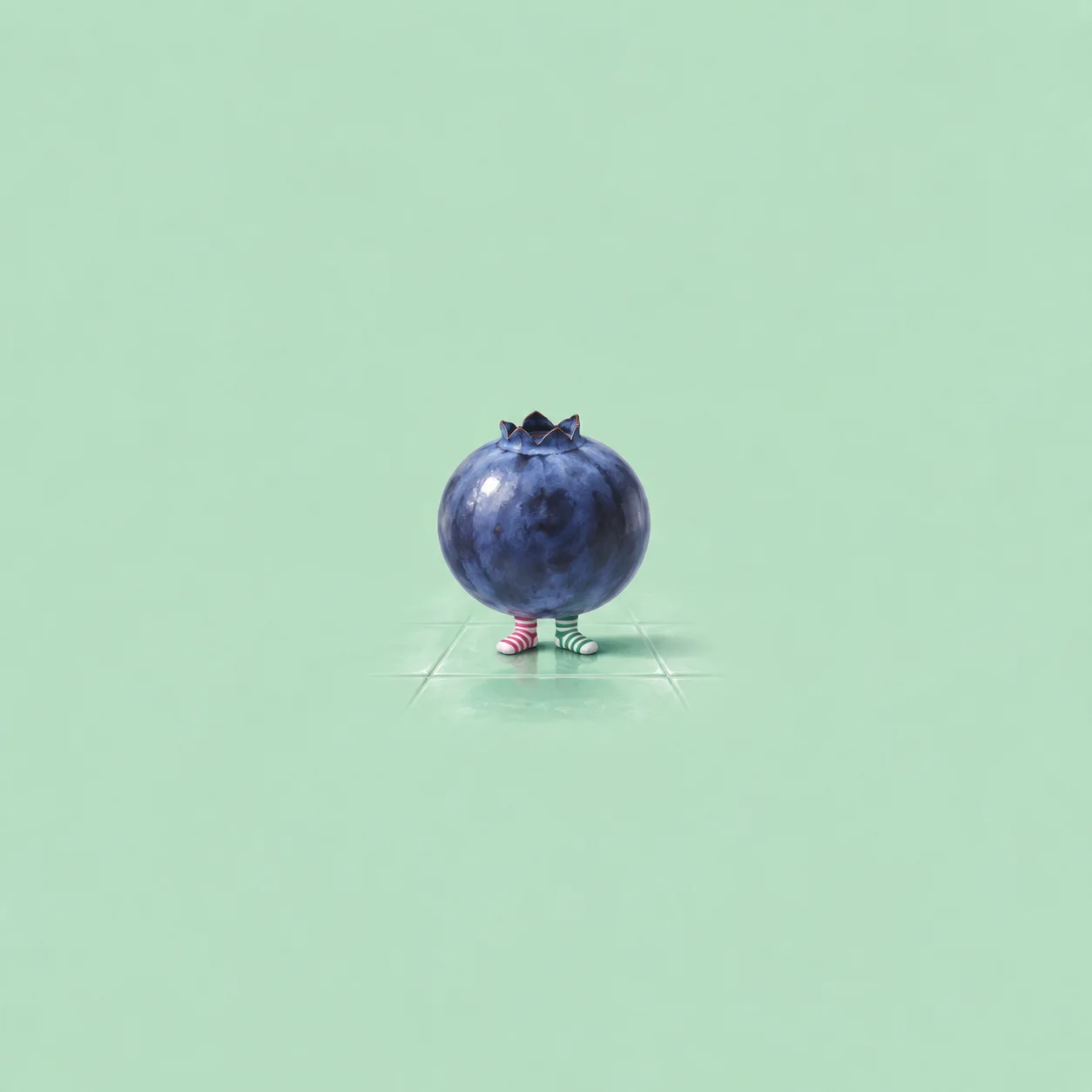 A large blueberry stands on tiny striped socks on pale-green tiles.