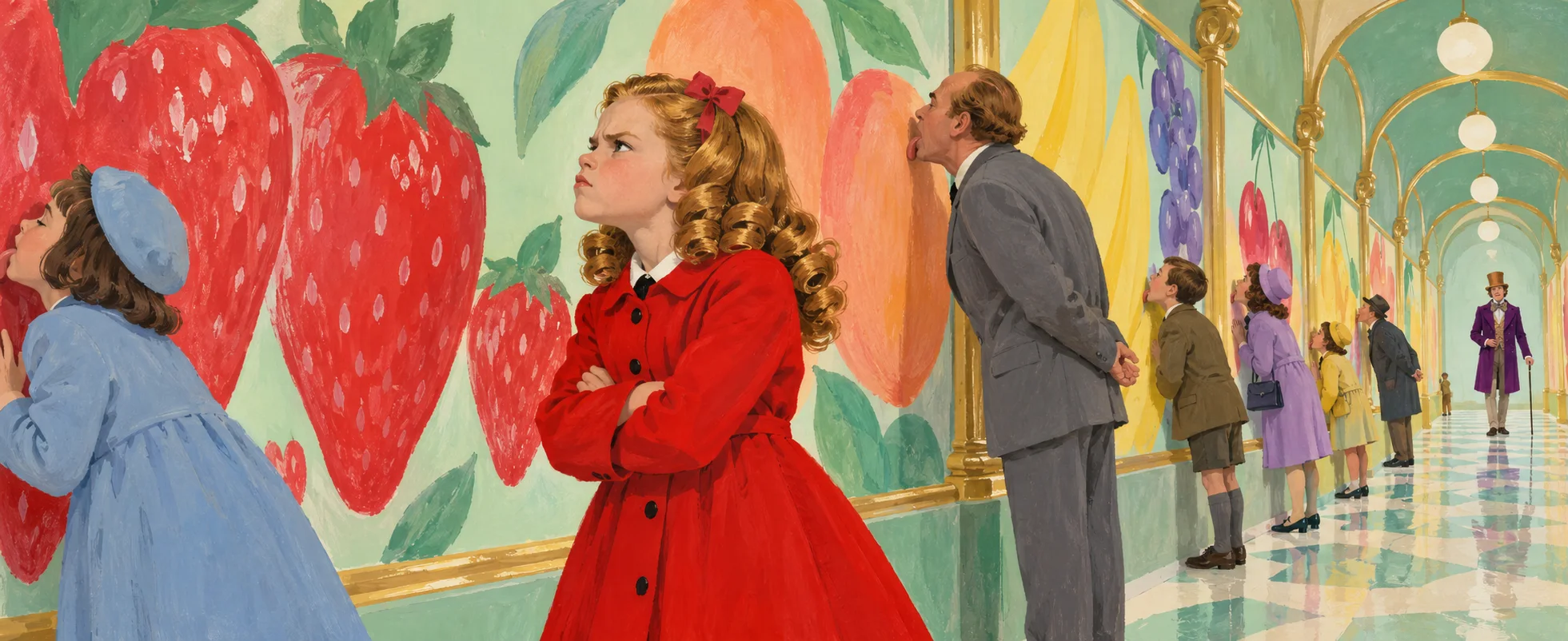 In a corridor papered with giant painted strawberries and fruit, Veruca Salt in a red coat and ringlets folds her arms and scowls while the other visitors lick the walls and Willy Wonka waits at the far end.