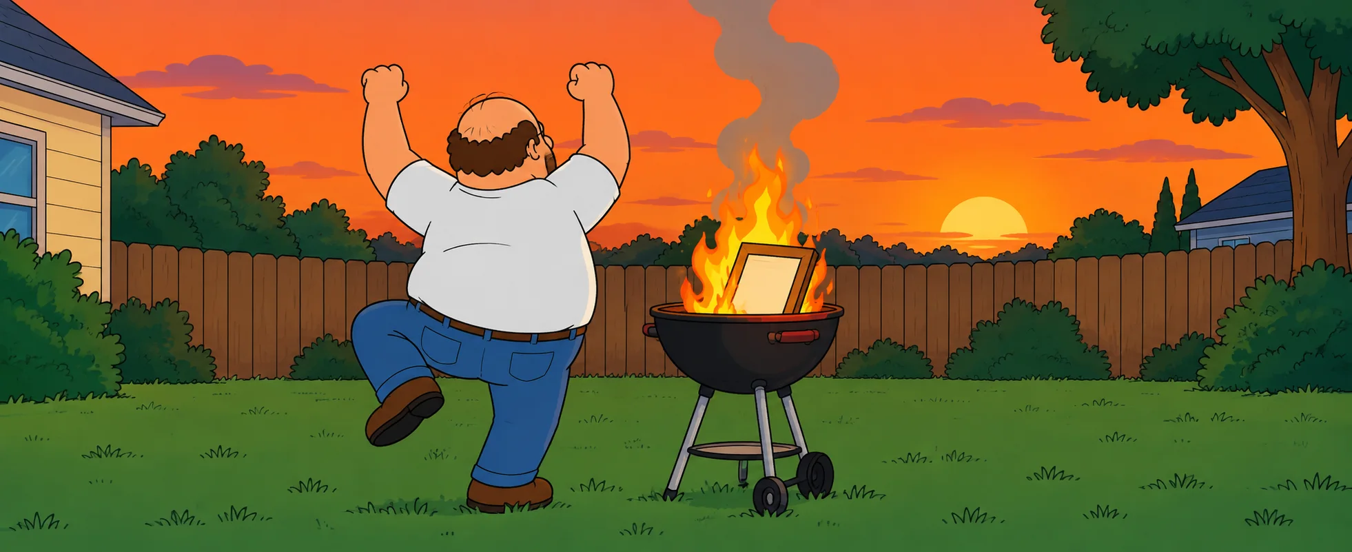 A round cartoon dad dances in triumph beside a backyard grill where a framed certificate is burning.