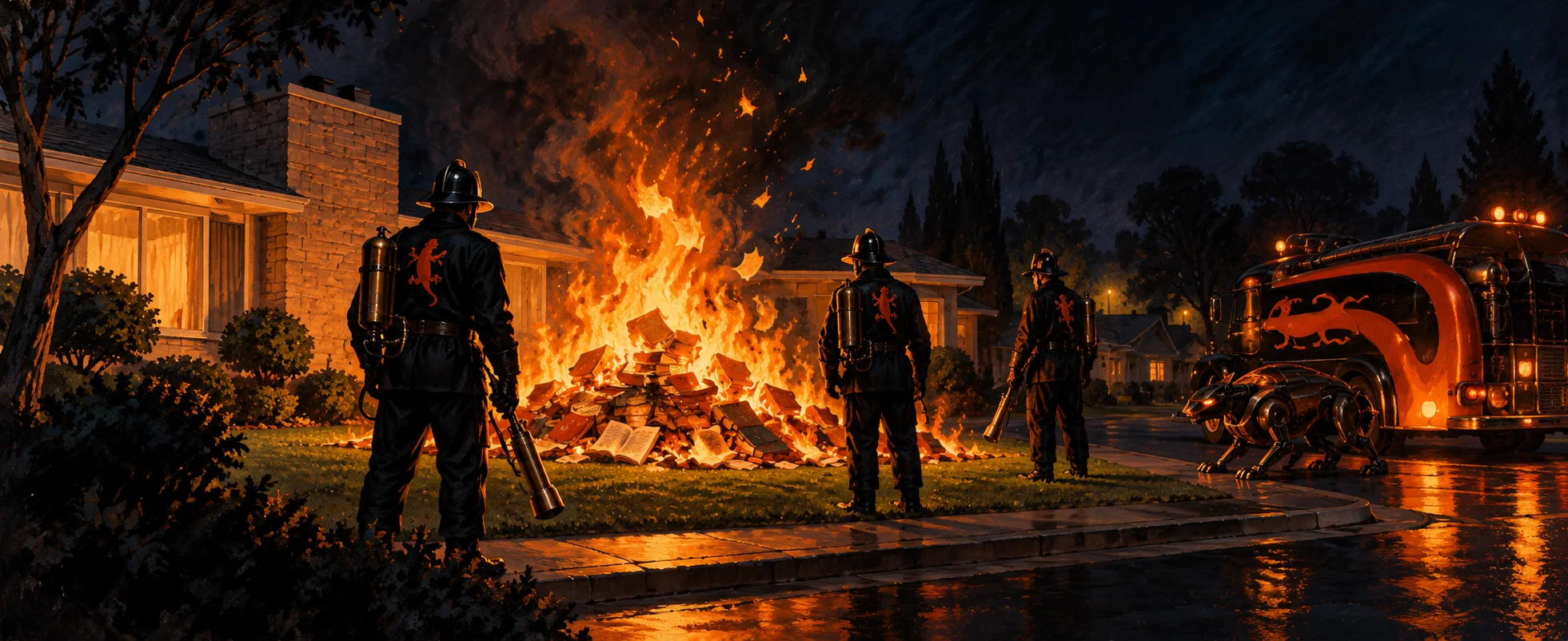 Firemen in black uniforms stand around a pile of books blazing on a suburban lawn at night, their salamander-shaped fire engine at the kerb.
