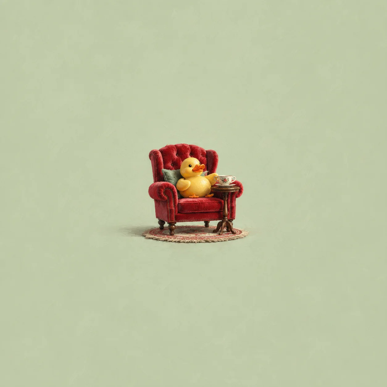 A yellow rubber duck sitting in a small red velvet armchair beside a round side table.